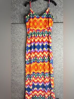 Bright Orange Multi-Color Spaghetti-Strap Maxi Dress